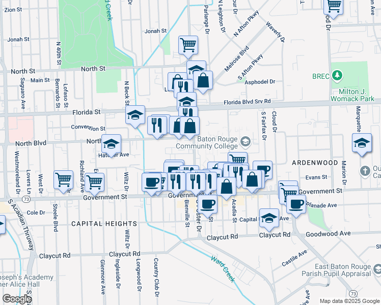 map of restaurants, bars, coffee shops, grocery stores, and more near 152 South Foster Drive in Baton Rouge