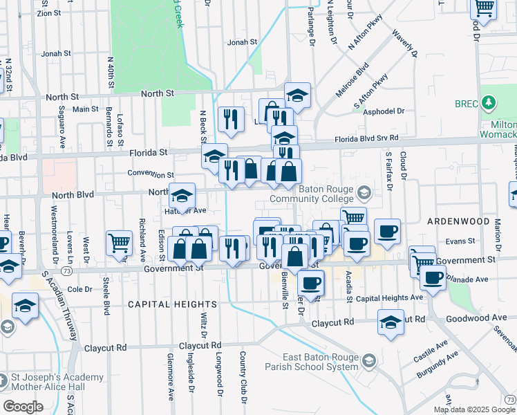 map of restaurants, bars, coffee shops, grocery stores, and more near 4499 Hanson Street in Baton Rouge