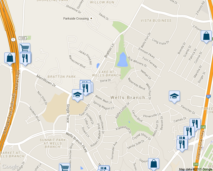 map of restaurants, bars, coffee shops, grocery stores, and more near 2412 Wood Chase Trail in Austin