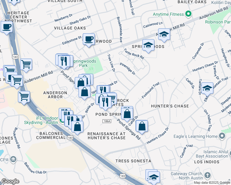 map of restaurants, bars, coffee shops, grocery stores, and more near 8710 Schick Road in Austin