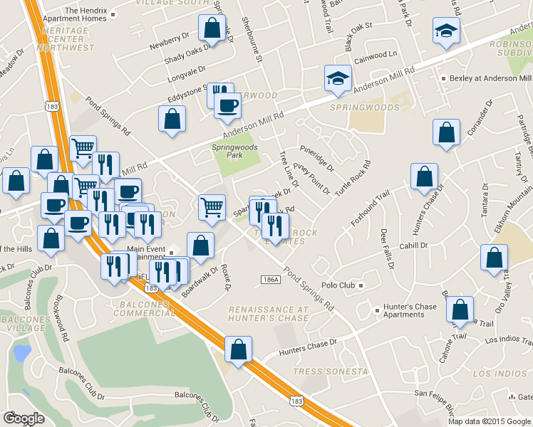 map of restaurants, bars, coffee shops, grocery stores, and more near 8907 Schick Road in Austin