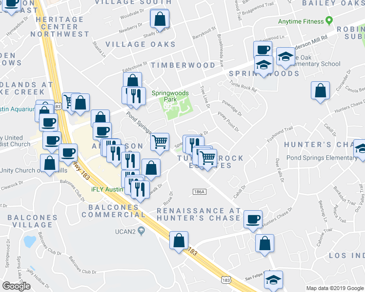 map of restaurants, bars, coffee shops, grocery stores, and more near 8912 Schick Road in Austin