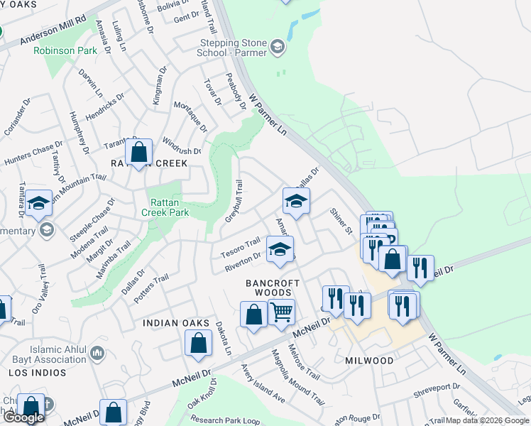 map of restaurants, bars, coffee shops, grocery stores, and more near 13115 Green River Trail in Austin