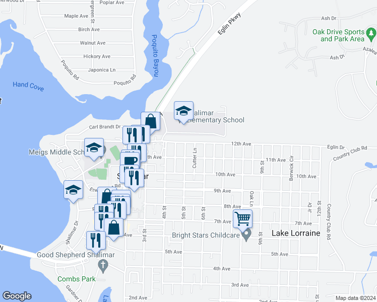 map of restaurants, bars, coffee shops, grocery stores, and more near 88 5th Street in Shalimar