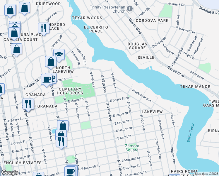 map of restaurants, bars, coffee shops, grocery stores, and more near 1704 East Hayes Street in Pensacola
