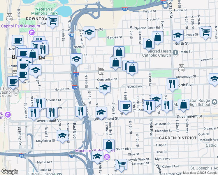 map of restaurants, bars, coffee shops, grocery stores, and more near 1335 North Boulevard in Baton Rouge