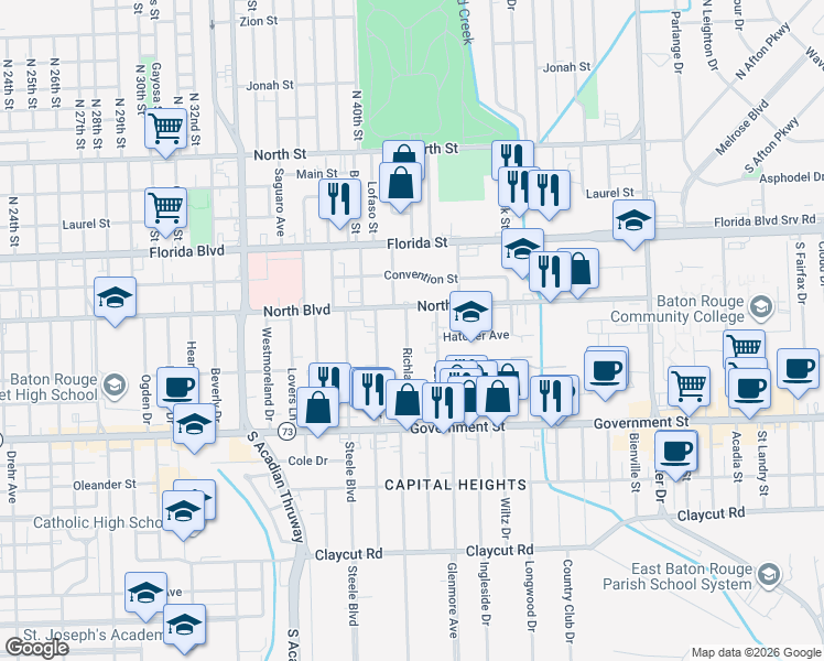 map of restaurants, bars, coffee shops, grocery stores, and more near 242 Edison Street in Baton Rouge