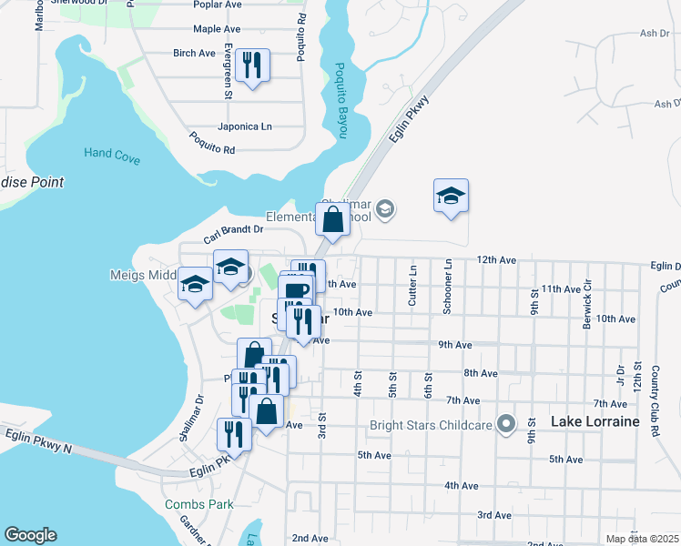 map of restaurants, bars, coffee shops, grocery stores, and more near 1 11th Avenue in Shalimar