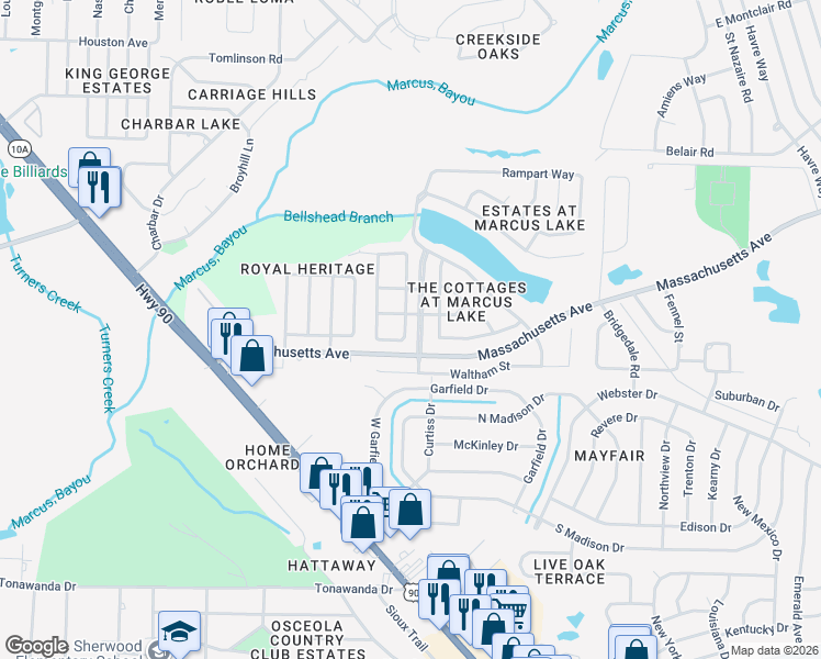 map of restaurants, bars, coffee shops, grocery stores, and more near 3304 Two Sisters Way in Pensacola