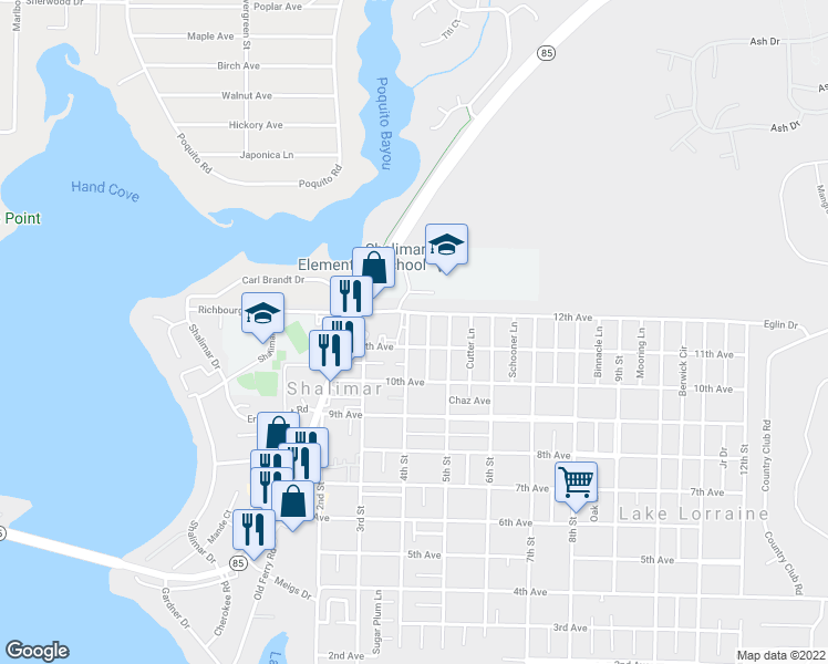 map of restaurants, bars, coffee shops, grocery stores, and more near 88 4th Street in Shalimar
