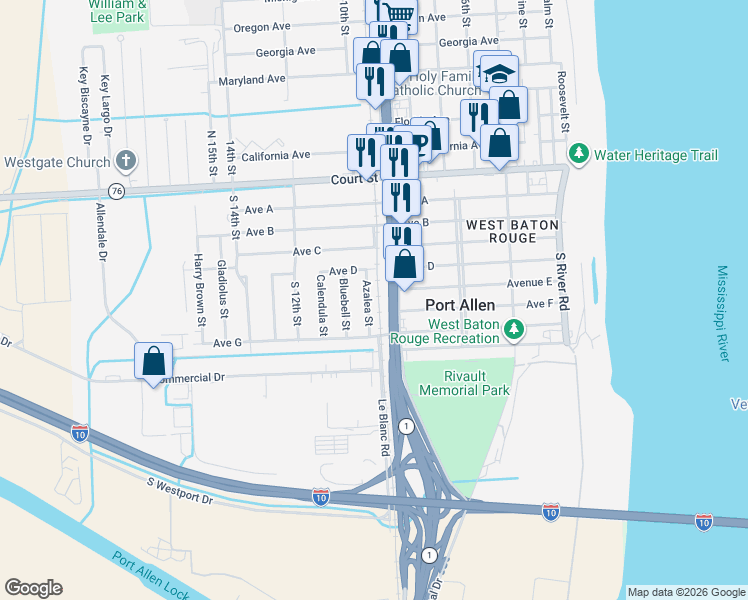 map of restaurants, bars, coffee shops, grocery stores, and more near 716 Azalea Street in Port Allen