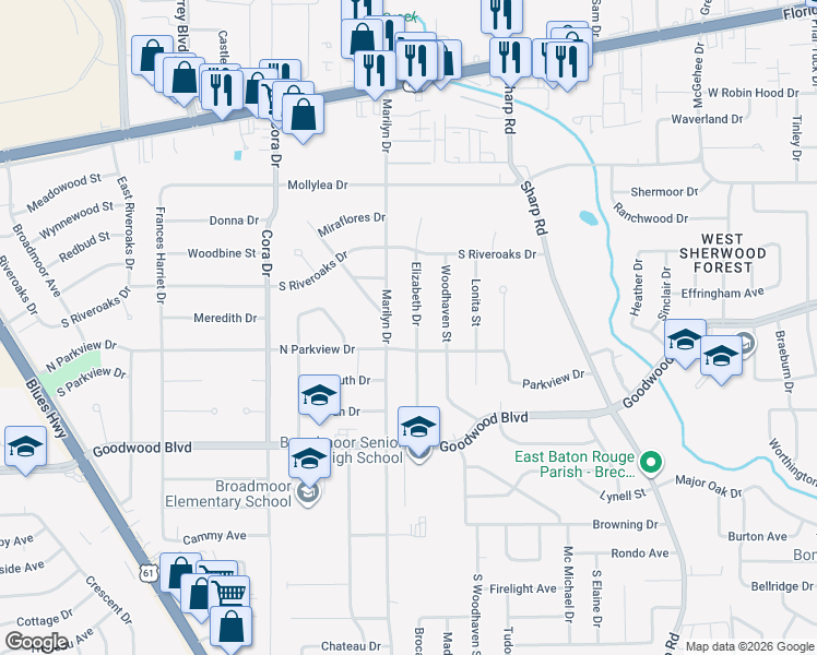 map of restaurants, bars, coffee shops, grocery stores, and more near 765 Elizabeth Drive in Baton Rouge