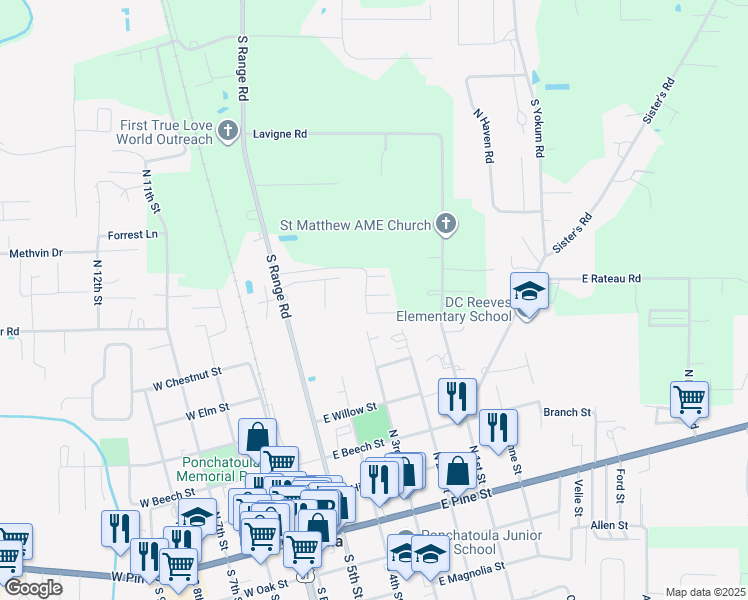 map of restaurants, bars, coffee shops, grocery stores, and more near 570 North 3rd Street in Ponchatoula