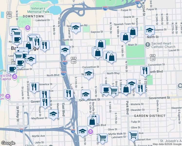 map of restaurants, bars, coffee shops, grocery stores, and more near 132 Eddie Robinson Sr Drive in Baton Rouge