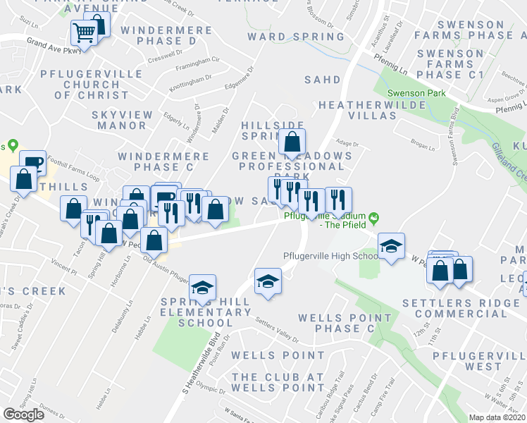 map of restaurants, bars, coffee shops, grocery stores, and more near 705 Old Austin Pflugerville Road in Pflugerville