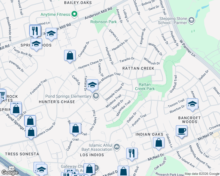 map of restaurants, bars, coffee shops, grocery stores, and more near 12809 Humphrey Drive in Austin