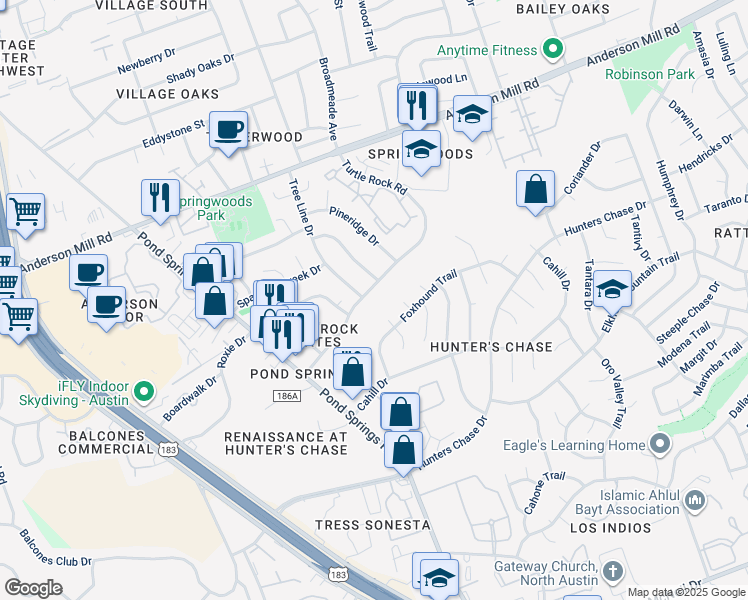 map of restaurants, bars, coffee shops, grocery stores, and more near 12508 Mallard Lane in Austin
