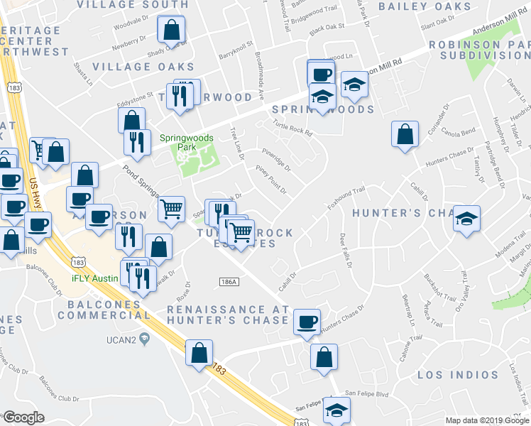 map of restaurants, bars, coffee shops, grocery stores, and more near 8701 Schick Road in Austin
