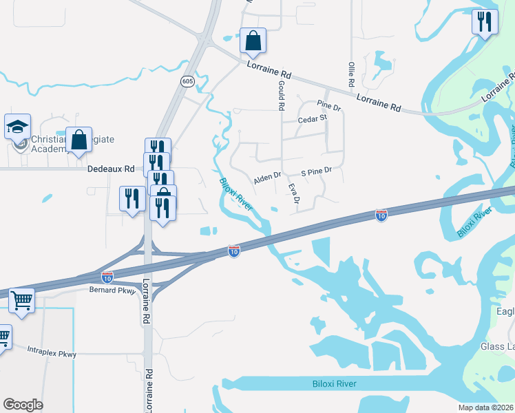 map of restaurants, bars, coffee shops, grocery stores, and more near 11239 Creek Drive in Gulfport