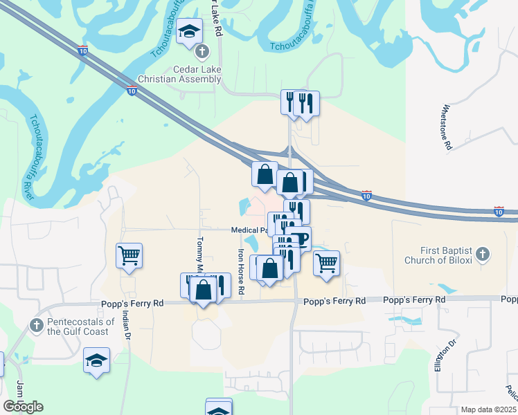 map of restaurants, bars, coffee shops, grocery stores, and more near 1720 Medical Park Drive in Biloxi