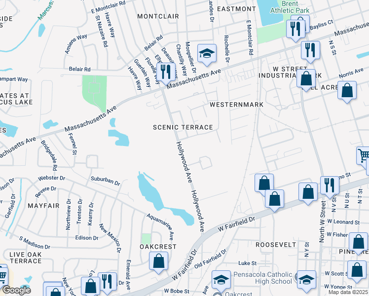map of restaurants, bars, coffee shops, grocery stores, and more near 3582 Hollywood Avenue in Pensacola