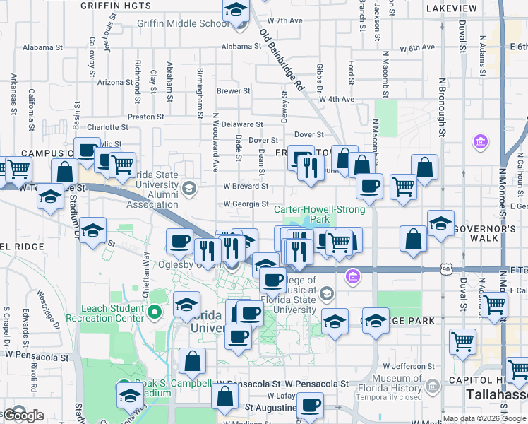 map of restaurants, bars, coffee shops, grocery stores, and more near 729 West Georgia Street in Tallahassee