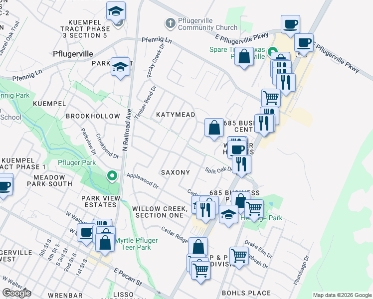 map of restaurants, bars, coffee shops, grocery stores, and more near 1020 Pine Creek Drive in Pflugerville