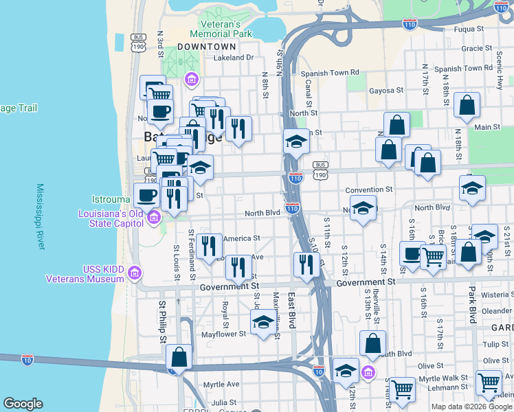 map of restaurants, bars, coffee shops, grocery stores, and more near 838 North Boulevard in Baton Rouge