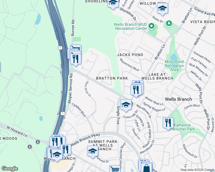 map of restaurants, bars, coffee shops, grocery stores, and more near 14701 Noya Drive in Austin