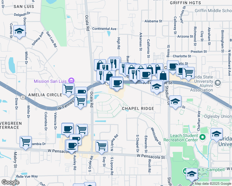 map of restaurants, bars, coffee shops, grocery stores, and more near 1861 West Tennessee Street in Tallahassee