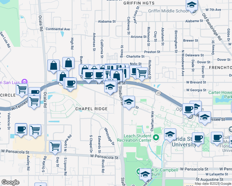 map of restaurants, bars, coffee shops, grocery stores, and more near 533 Conradi Street in Tallahassee