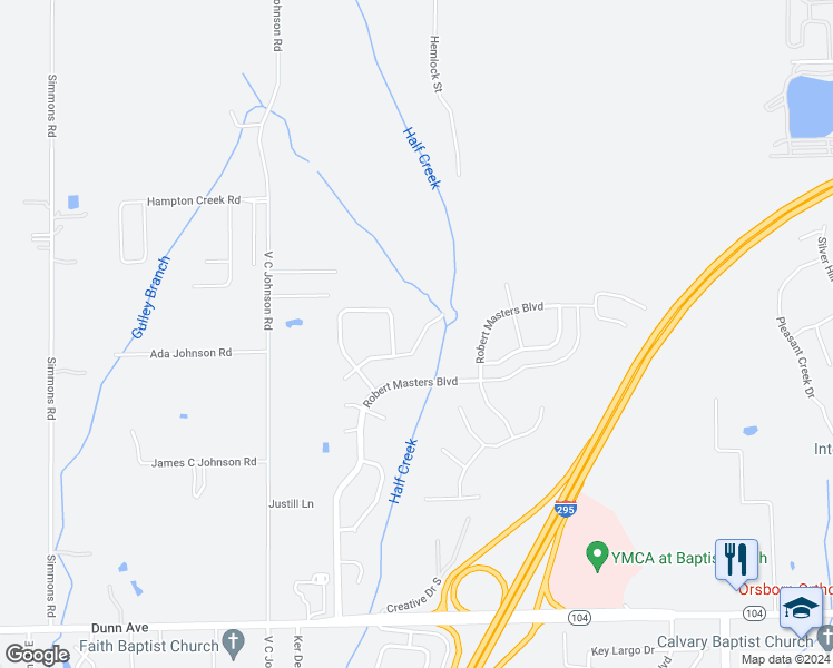 map of restaurants, bars, coffee shops, grocery stores, and more near 5101 Johnson Creek Drive in Jacksonville