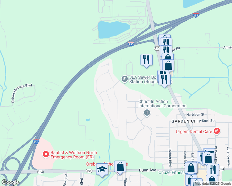map of restaurants, bars, coffee shops, grocery stores, and more near 11677 Spring Board Drive in Jacksonville