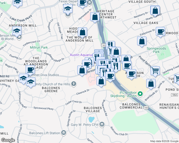 map of restaurants, bars, coffee shops, grocery stores, and more near 9609 Anderson Mill Road in Austin