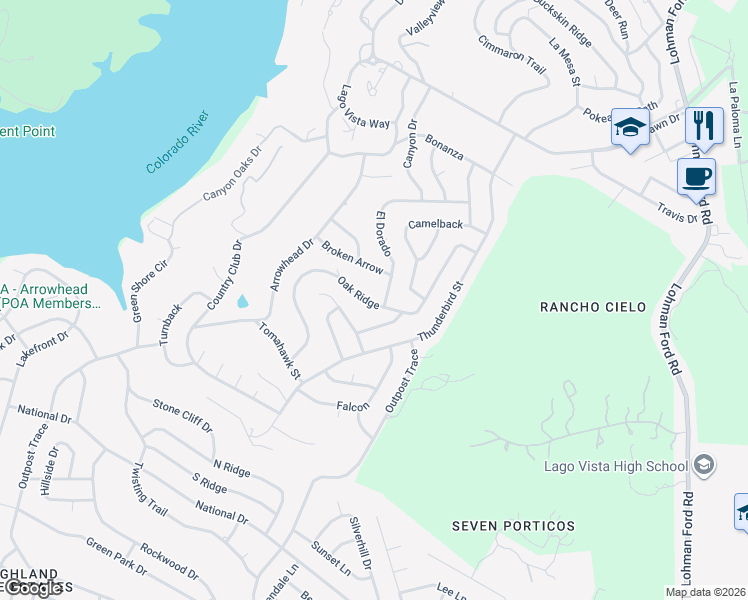 map of restaurants, bars, coffee shops, grocery stores, and more near 20706 Oak Ridge in Lago Vista