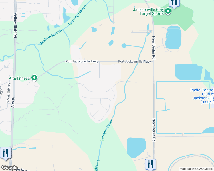 map of restaurants, bars, coffee shops, grocery stores, and more near 3625 Sunfish Drive in Jacksonville