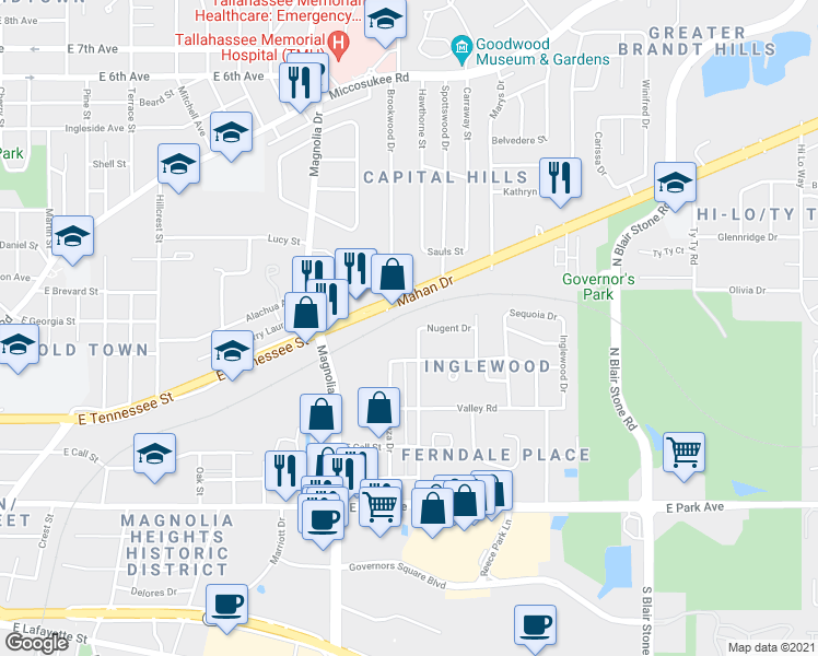 map of restaurants, bars, coffee shops, grocery stores, and more near 1407 Mahan Drive in Tallahassee