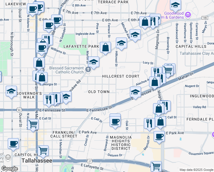 map of restaurants, bars, coffee shops, grocery stores, and more near 606 Terrace Street in Tallahassee