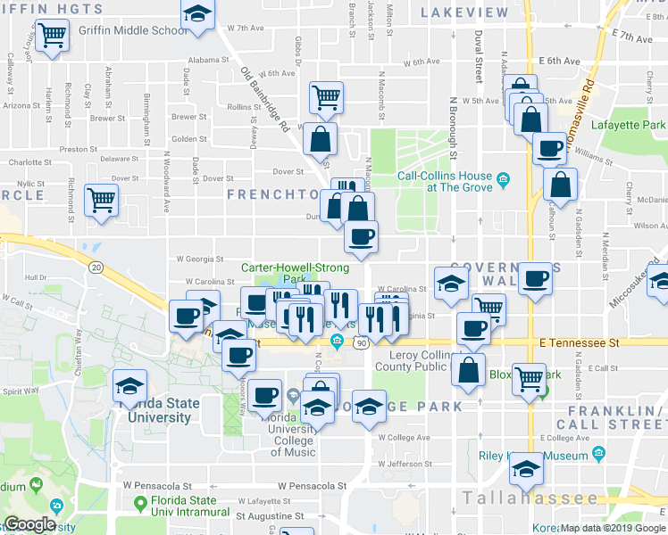 map of restaurants, bars, coffee shops, grocery stores, and more near 518-526 West Georgia Street in Tallahassee