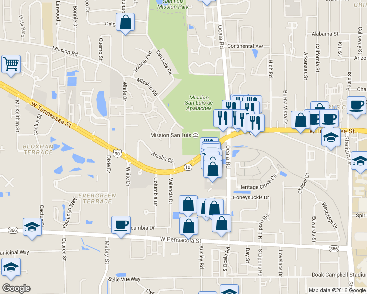 map of restaurants, bars, coffee shops, grocery stores, and more near in Tallahassee