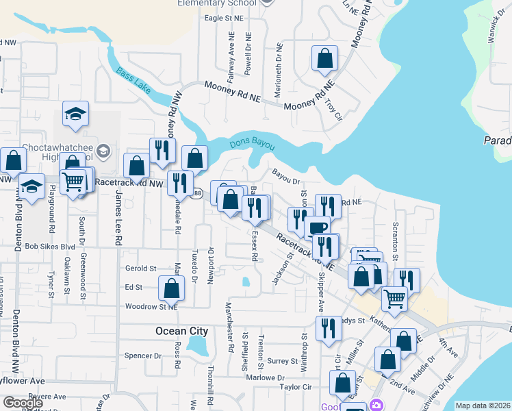 map of restaurants, bars, coffee shops, grocery stores, and more near 1100 Tiki Too Avenue in Fort Walton Beach