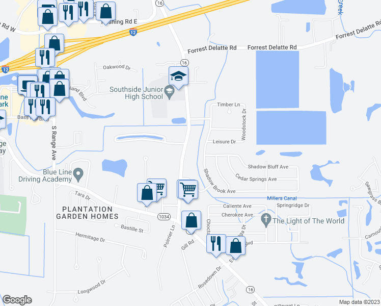 map of restaurants, bars, coffee shops, grocery stores, and more near 26300 Louisiana 16 in Denham Springs
