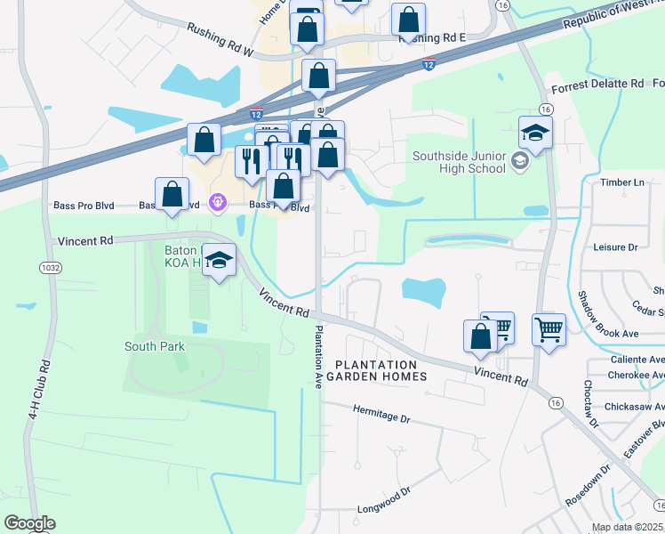 map of restaurants, bars, coffee shops, grocery stores, and more near 117 Shady Park Road in Denham Springs