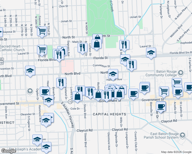 map of restaurants, bars, coffee shops, grocery stores, and more near 3977 North Boulevard in Baton Rouge