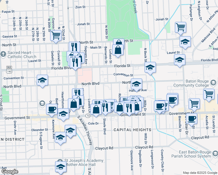 map of restaurants, bars, coffee shops, grocery stores, and more near 3849 North Boulevard in Baton Rouge
