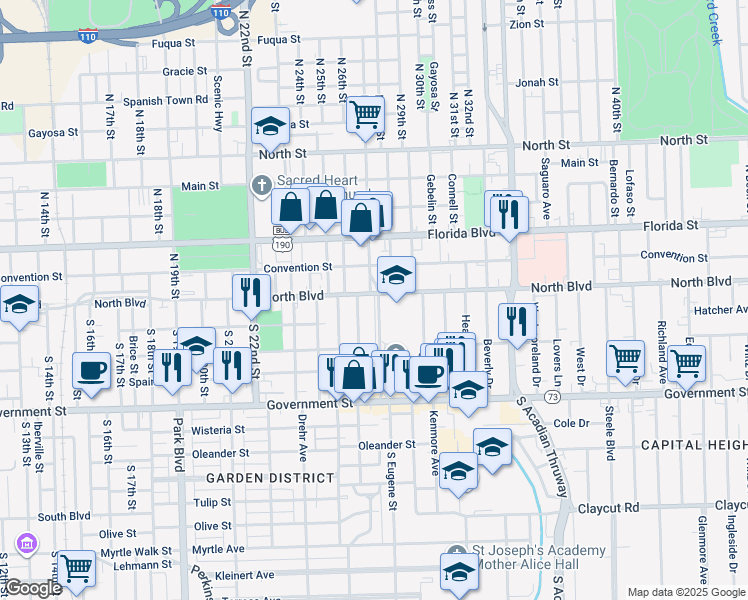 map of restaurants, bars, coffee shops, grocery stores, and more near 144 North Eugene Street in Baton Rouge