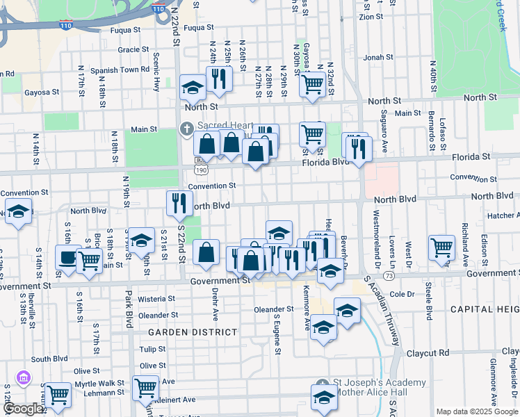 map of restaurants, bars, coffee shops, grocery stores, and more near 144 North Eugene Street in Baton Rouge