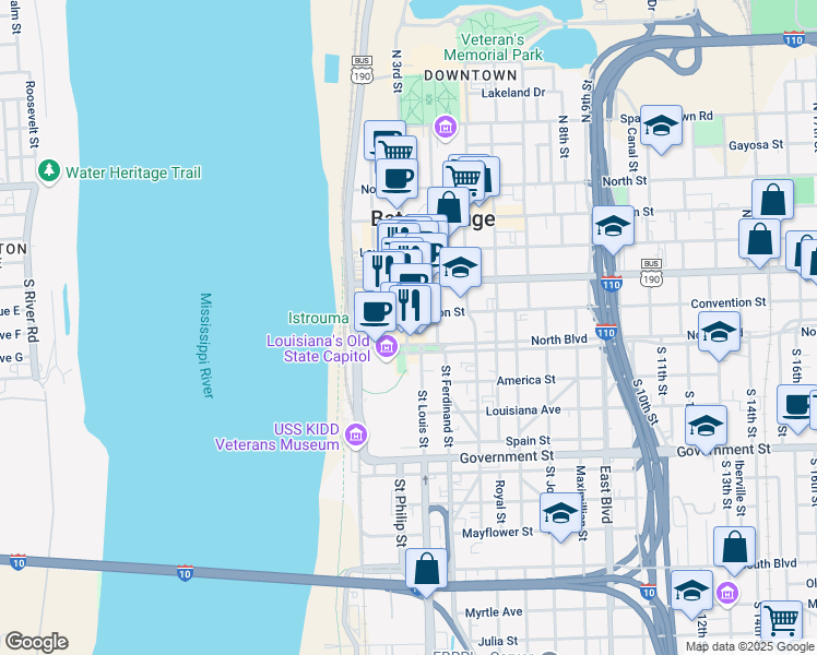 map of restaurants, bars, coffee shops, grocery stores, and more near in Baton Rouge