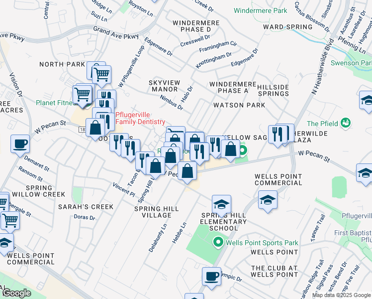 map of restaurants, bars, coffee shops, grocery stores, and more near 15906 Windermere Drive in Pflugerville