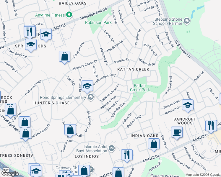 map of restaurants, bars, coffee shops, grocery stores, and more near 13006 Humphrey Drive in Austin